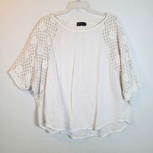 Bella Amore Women Linen Boho Blouse Floral Crochet Lace Size Medium White Summer